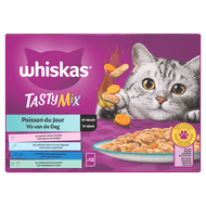 Whiskas Kattenvoer tasty mix vis saus 12st. Foto van Whiskas Kattenvoer tasty mix vis saus 12st.
