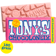 Tony's Chocolonely wit framboos knettsersuiker Foto van Tony's Chocolonely wit framboos knettsersuiker