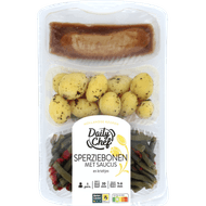 Daily Chef Sperzieboom en krieltjes met een saucijs Foto van Daily Chef Sperzieboom en krieltjes met een saucijs