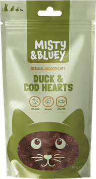 Misty & Bluey Kattensnacks duck & cod hearts Foto van Misty & Bluey Kattensnacks duck & cod hearts