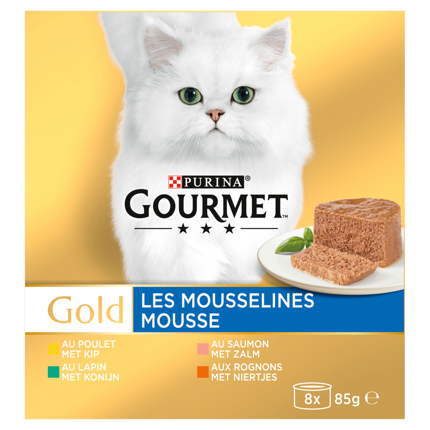 Gourmet Gold fijne mousse kip-zalm-niertjes-konijn 8 stuks