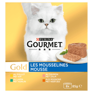 Gourmet Gold fijne mousse kip-zalm-niertjes-konijn 8 stuks Foto van Gourmet Gold fijne mousse kip-zalm-niertjes-konijn 8 stuks