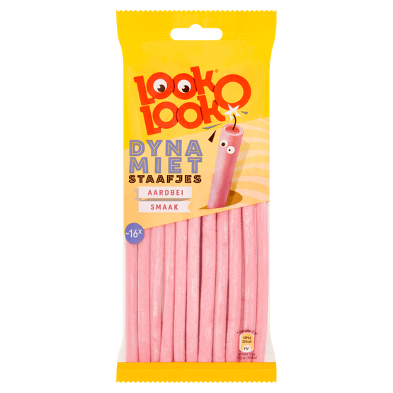 Foto van Look O Look Dynamietstaafjes Aardbei Zuur Snoep Zak op witte achtergrond