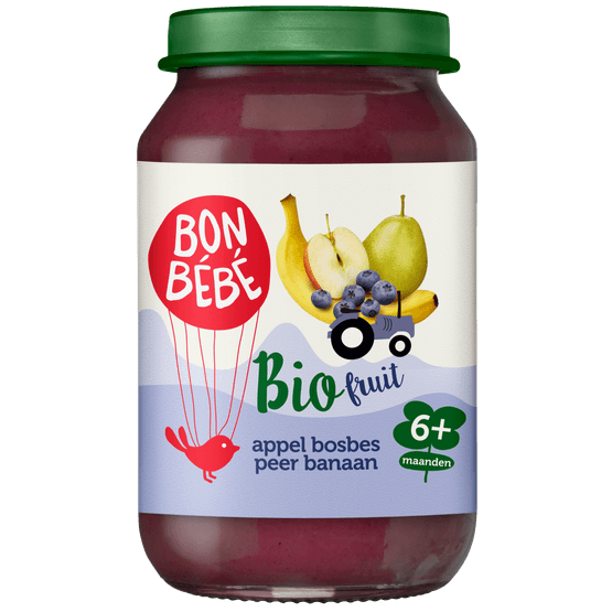 Foto van Bonbébé Fruithapje 6+ maanden appel-bosbes-peer-banaan op witte achtergrond