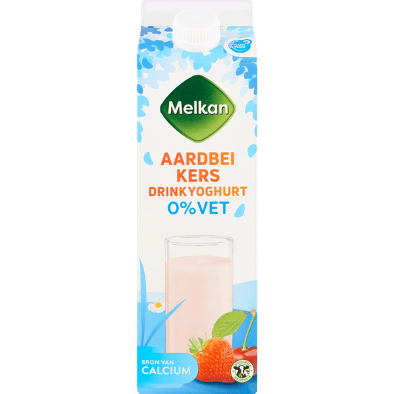 Foto van Melkan Zuiveldrink aardbei-kers 0% vet op witte achtergrond