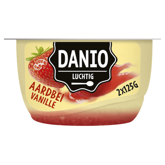 Foto van Danio Luchtige kwark aardbei vanille op witte achtergrond