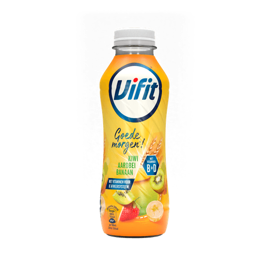 Foto van Vifit Goedemorgen aardbei kiwi banaan op witte achtergrond