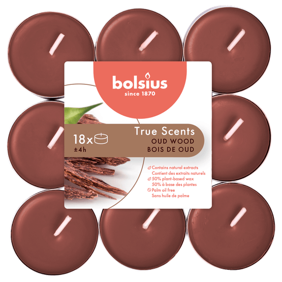 Foto van Bolsius True Scents geurtheelichten Oud Wood bruin op witte achtergrond
