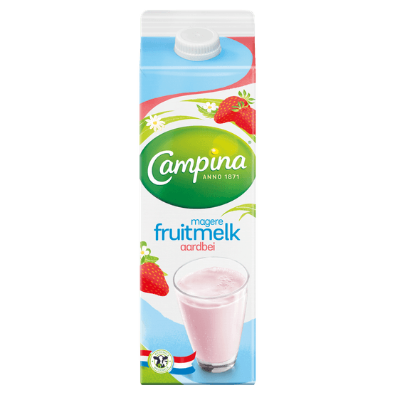 Foto van Campina Fruitmelk aardbei op witte achtergrond