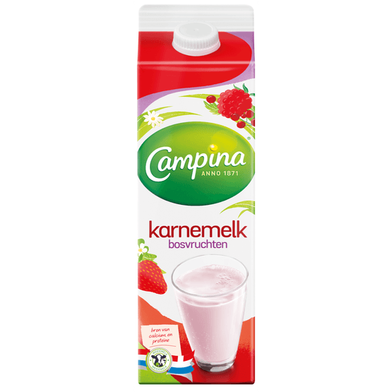 Foto van Campina Karnemelk met bosvruchten op witte achtergrond