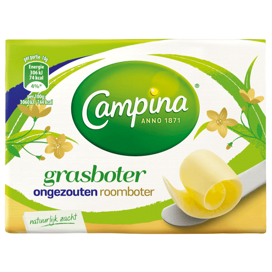 Foto van Campina Botergoud grasboter ongezouten wikkel op witte achtergrond