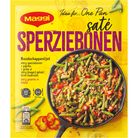 Foto van Maggi Dagschotel sperziebonen saté op witte achtergrond
