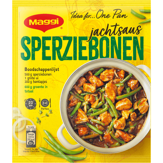Foto van Maggi Hollands pannetje sperziebonen jachtsaus op witte achtergrond