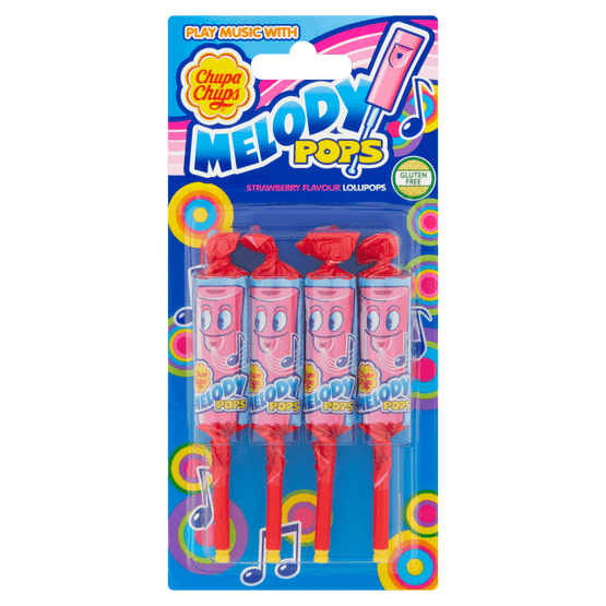 Foto van Chupa Chups Fluit lollies Melody Pops Aardbei Lollies Uitdeel SnoepPak 4 stuks op witte achtergrond