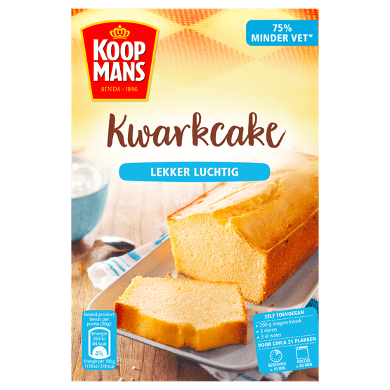 Foto van Koopmans Kwarkcake mix op witte achtergrond