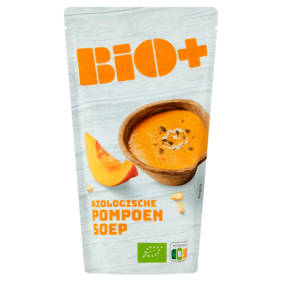 Foto van Bio+ Soep in zak pompoen op witte achtergrond