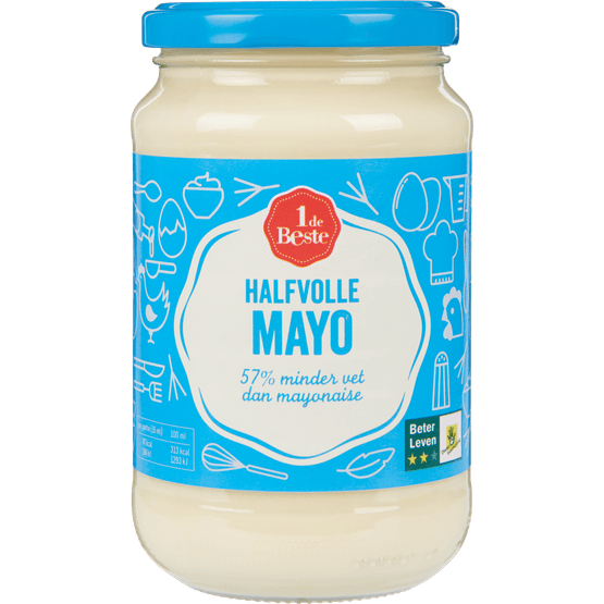 Foto van 1 de Beste Mayonaise halfvol op witte achtergrond