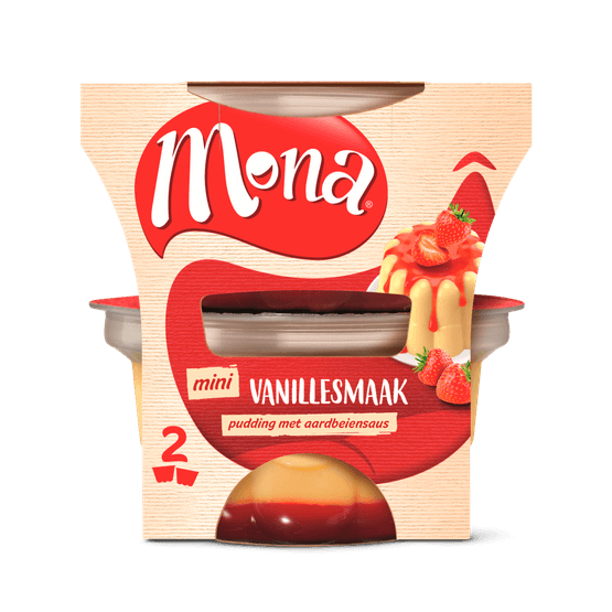Foto van Mona Pudding vanille met aardbeiensaus op witte achtergrond