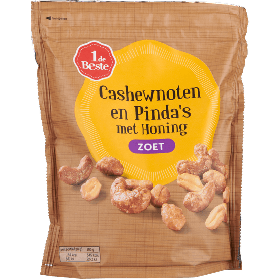 Foto van 1 de Beste Cashewnoten en pinda's met honing op witte achtergrond