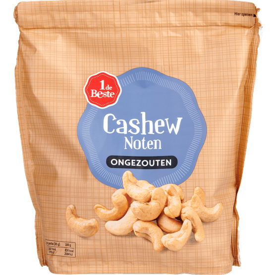 Foto van 1 de Beste Cashewnoten gebrand ongezouten op witte achtergrond