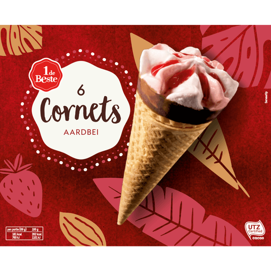 Foto van 1 de Beste Cornets aardbei 6 stuks op witte achtergrond