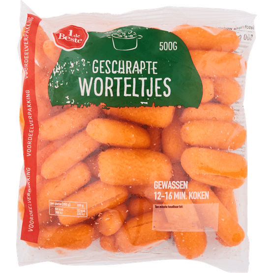 Foto van 1 de Beste Wortelen geschrapt voordeel verpakking op witte achtergrond