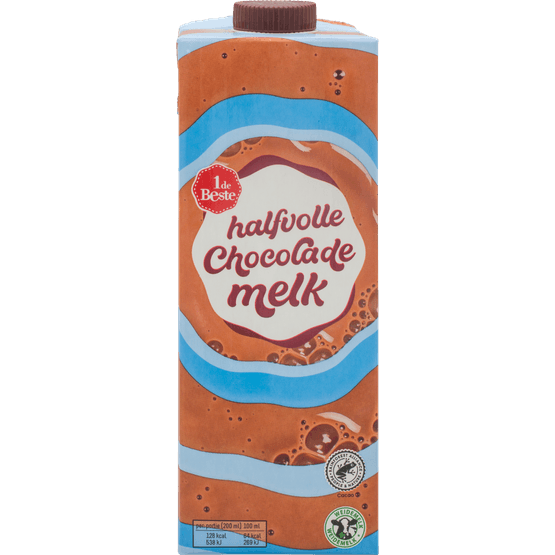 Foto van 1 de Beste Chocolademelk halfvol op witte achtergrond
