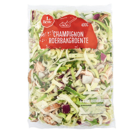 Foto van 1 de Beste Champignon roerbakgroente op witte achtergrond