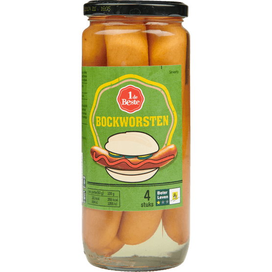 Foto van 1 de Beste Bockworst in glas 4 stuks op witte achtergrond