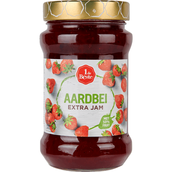 Foto van 1 de Beste Jam extra aardbei op witte achtergrond