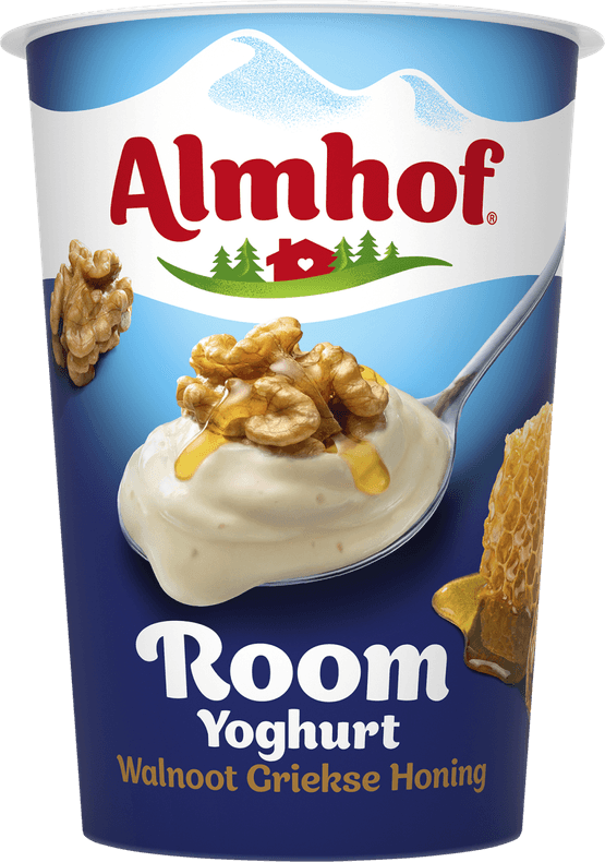 Foto van Almhof Roomyoghurt walnoot & Griekse honing op witte achtergrond