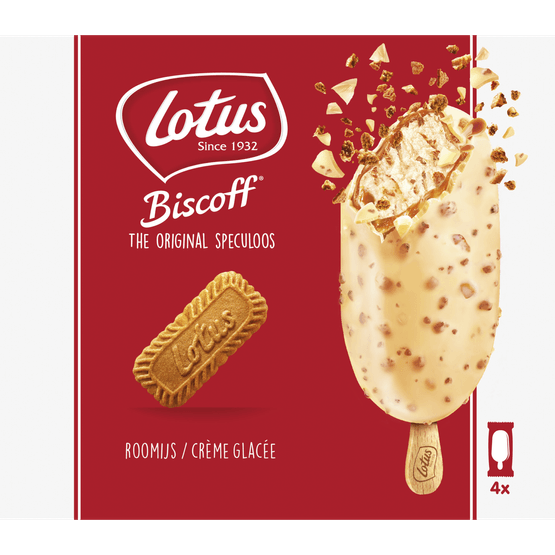 Foto van Lotus Speculoos ijs witte chocolade 4 stuks op witte achtergrond
