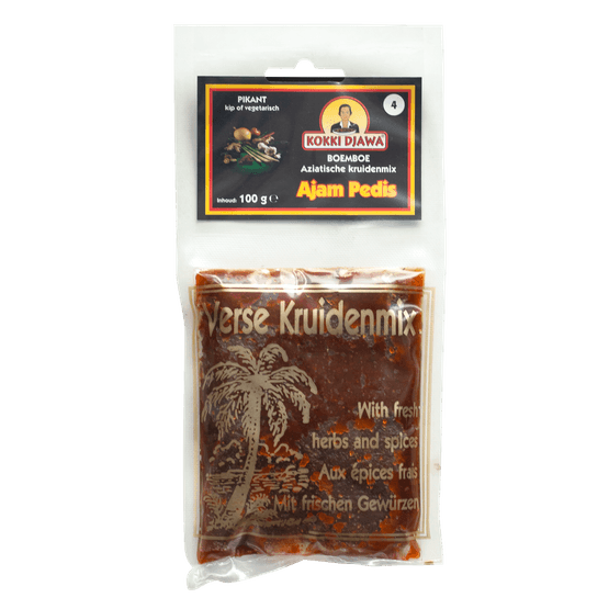 Foto van Kokki Djawa Boemboe ajam pedis op witte achtergrond