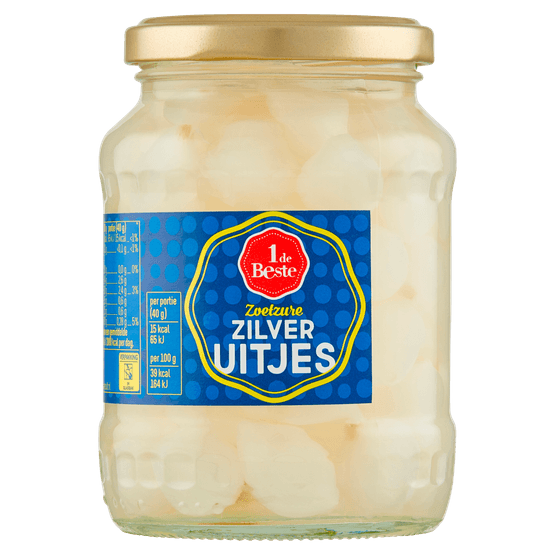 Foto van 1 de Beste Zilveruitjes zoetzuur op witte achtergrond