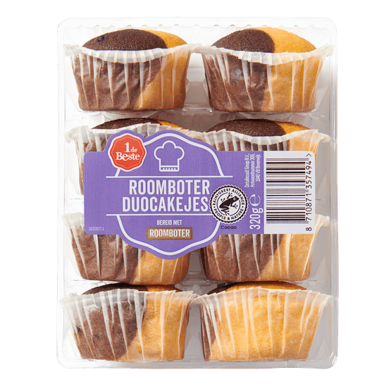 Foto van 1 de Beste Duo cakejes roomboter op witte achtergrond