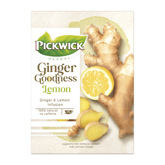 Foto van Pickwick Thee ginger goodness lemon 15 zk op witte achtergrond