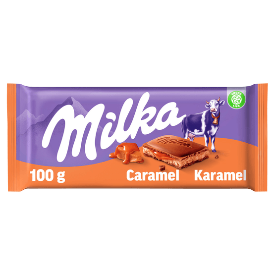 Foto van Milka Chocoladereep caramel op witte achtergrond