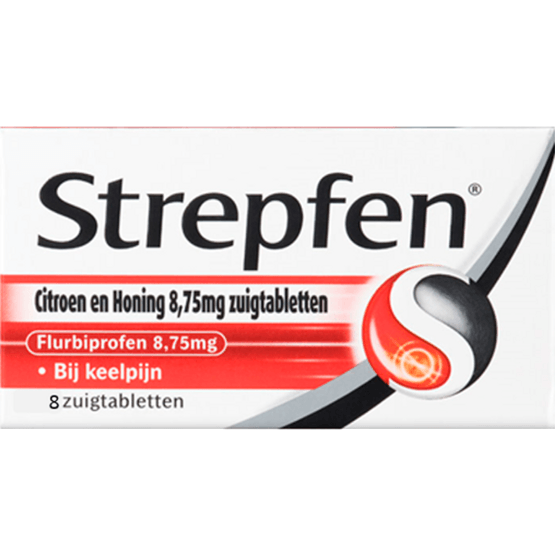 Foto van Strepfen Zuigtabletten citroen en honing op witte achtergrond