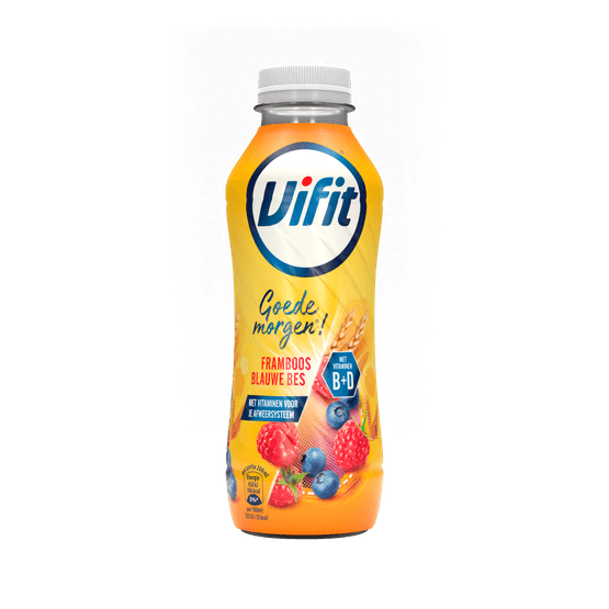 Foto van Vifit Goedemorgen framboos- blauwe bes op witte achtergrond