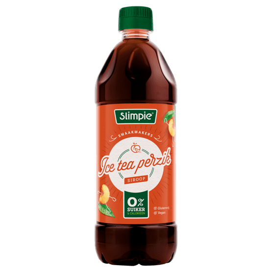 Foto van Slimpie Limonadesiroop ice tea peach 0% op witte achtergrond