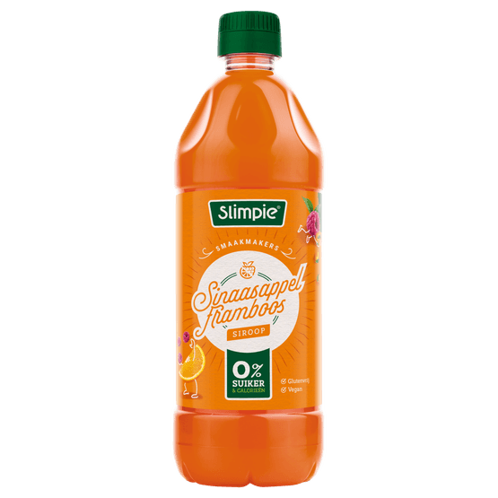 Foto van Slimpie Limonadesiroop sinaasappel-framboos op witte achtergrond
