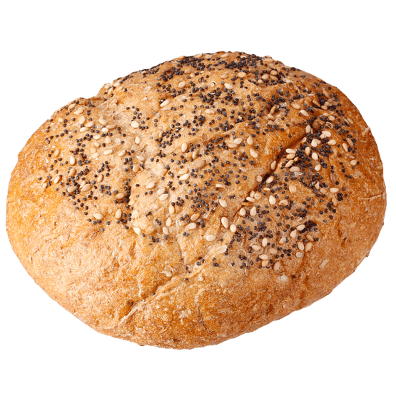 Foto van Vers afbak Volkorenbol volkoren tarwebroodje op witte achtergrond