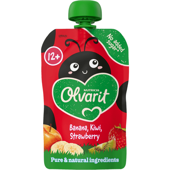 Foto van Olvarit Knijpfruit 12+ Maanden Aardbei Banaan Kiwi op witte achtergrond