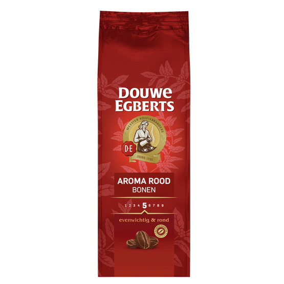 Foto van Douwe Egberts Aroma Rood koffiebonen op witte achtergrond