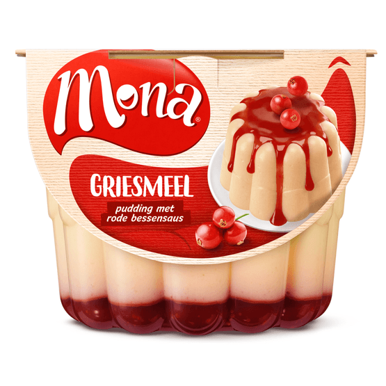 Foto van Mona Pudding griesmeel met rode bessensaus op witte achtergrond