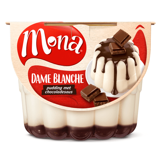 Foto van Mona Pudding dame blanche met chocoladesaus op witte achtergrond