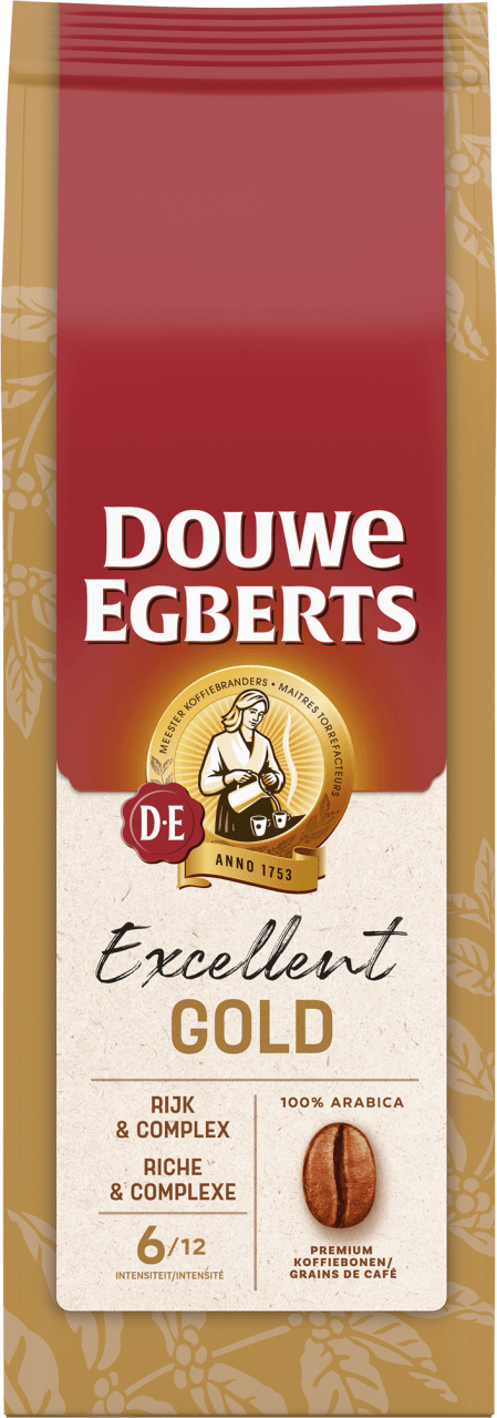 Foto van Douwe Egberts Aroma Variaties Excellent koffiebonen op witte achtergrond
