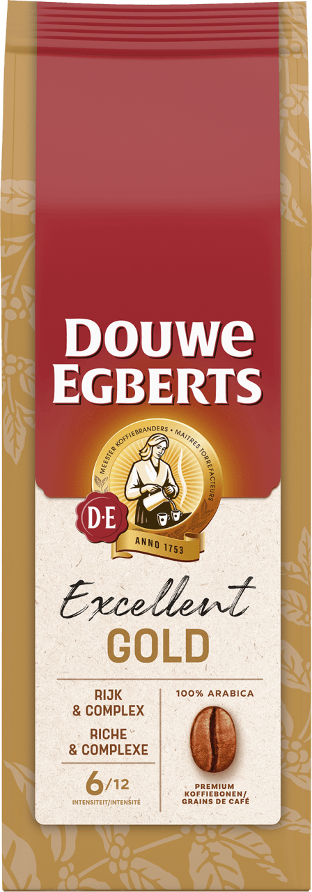 Foto van Douwe Egberts Aroma Variaties Excellent koffiebonen op witte achtergrond