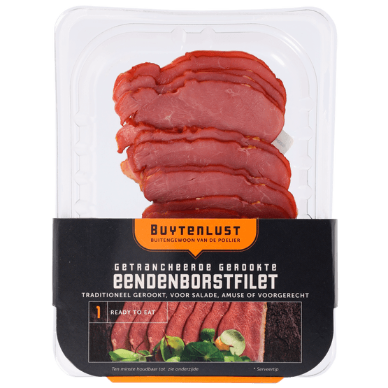 Foto van Buytenlust Gerookte eendenborstfilet getrancheerd op witte achtergrond