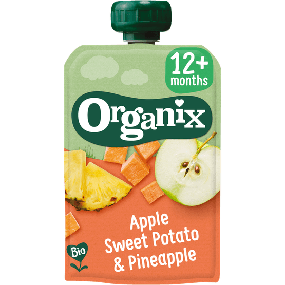 Foto van Organix Just apple sweet potato & pineapple op witte achtergrond